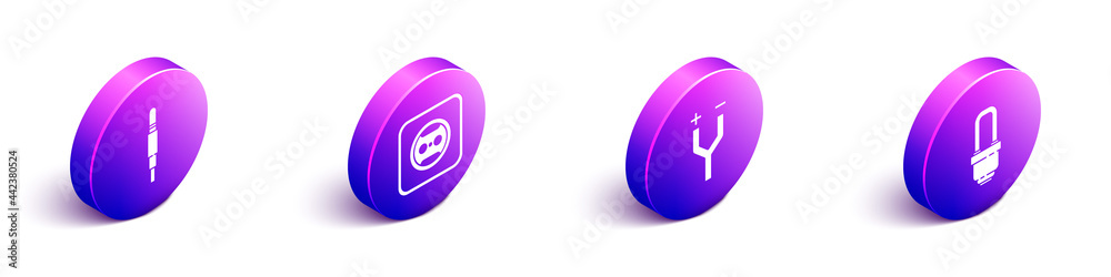 Set Isometric Audio jack, Electrical outlet, Electric cable and LED light bulb icon. Vector