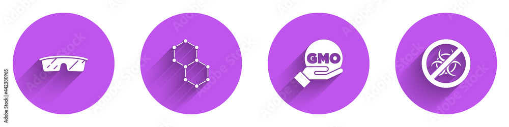 Set Laboratory glasses, Chemical formula, GMO and Stop icon with long shadow. Vector