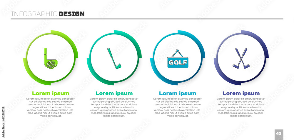 用球、标签和交叉高尔夫设置高尔夫球杆。商业信息图模板。矢量