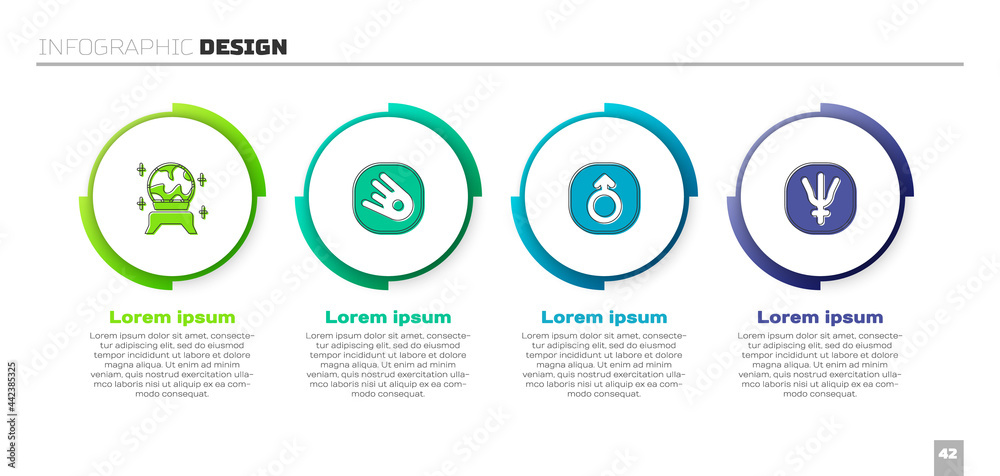 Set Magic ball, Comet falling down fast, Mars and Neptune planet. Business infographic template. Vec