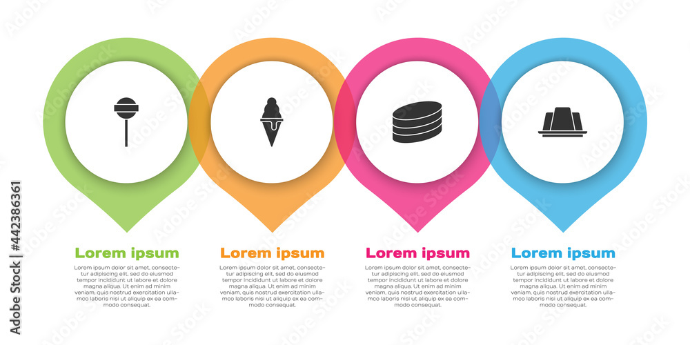 设置棒棒糖、华夫饼冰淇淋、布朗尼巧克力蛋糕和果冻。商业信息图templ