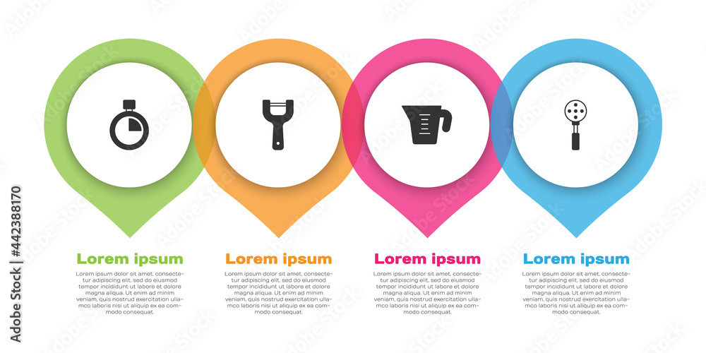 设置秒表、蔬菜削皮器、量杯和抹刀。商业信息图模板。矢量