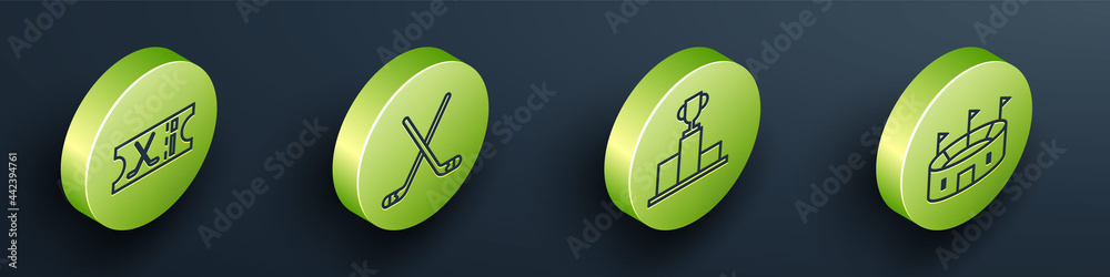 Set Isometric Hockey sports ticket, Ice hockey sticks, Hockey over sports winner podium and Hockey s