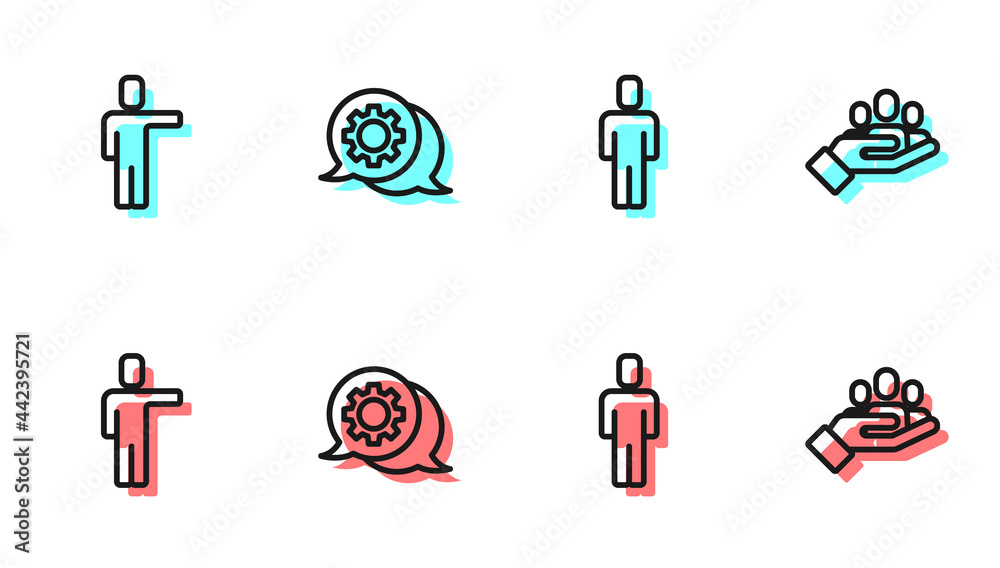 设置行Head hunting、Speech bubble chat和Hand for search people icon.Vvector