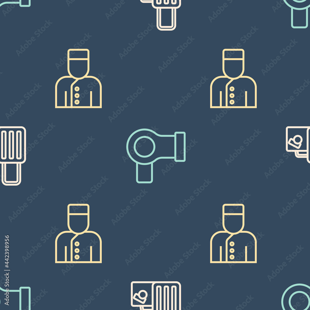 Set line Suitcase, Concierge and Hair dryer on seamless pattern. Vector