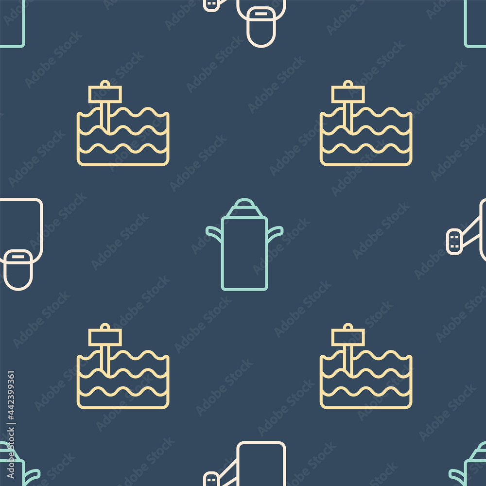 Set line Watering can, Garden bed and Can container for milk on seamless pattern. Vector