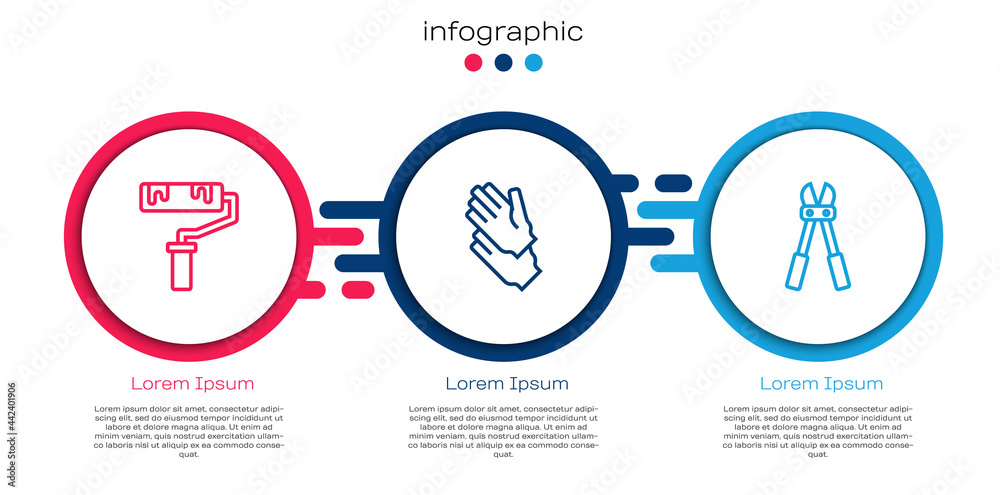 Set line油漆滚筒刷、橡胶手套和断线钳。商业信息图模板。Vector