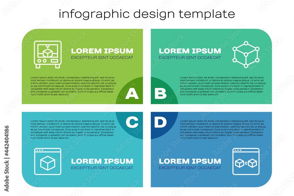 设置行3D打印机，完美复制和等角立方体。商业信息图模板。矢量