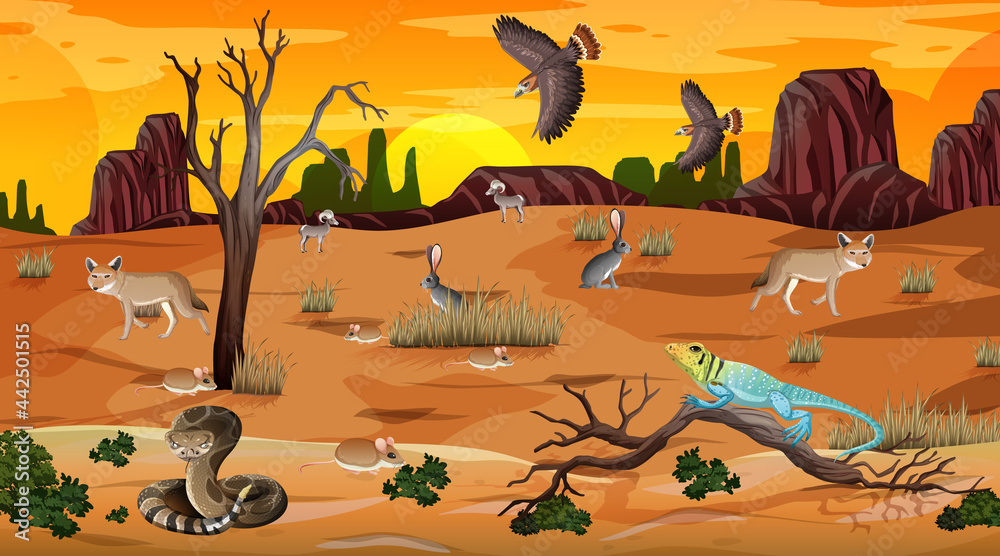 Desert forest landscape at sunset time scene with wild animals