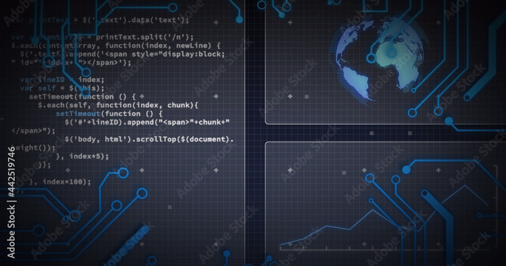 Image of scope scanning, processor elements and data processing on screens over grid