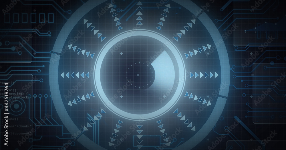 Image of scope scanning, processor elements and data processing on screens over grid