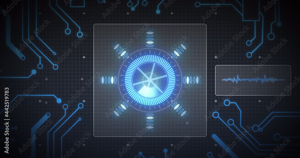 Image of scope scanning, processor elements and data processing on screens over grid