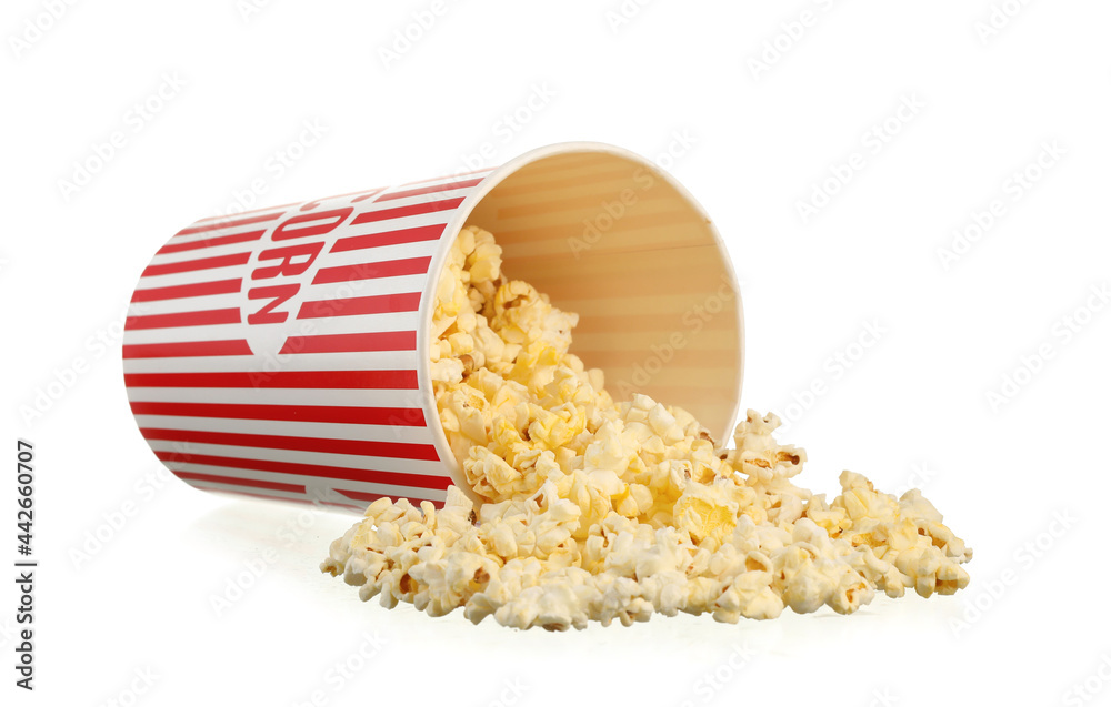 Bucket with tasty popcorn on white background