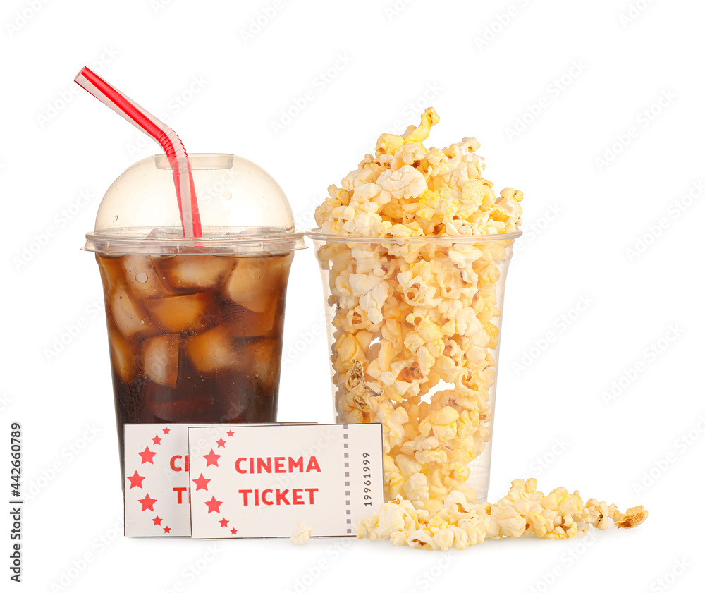 Tasty popcorn with cola and cinema tickets on white background