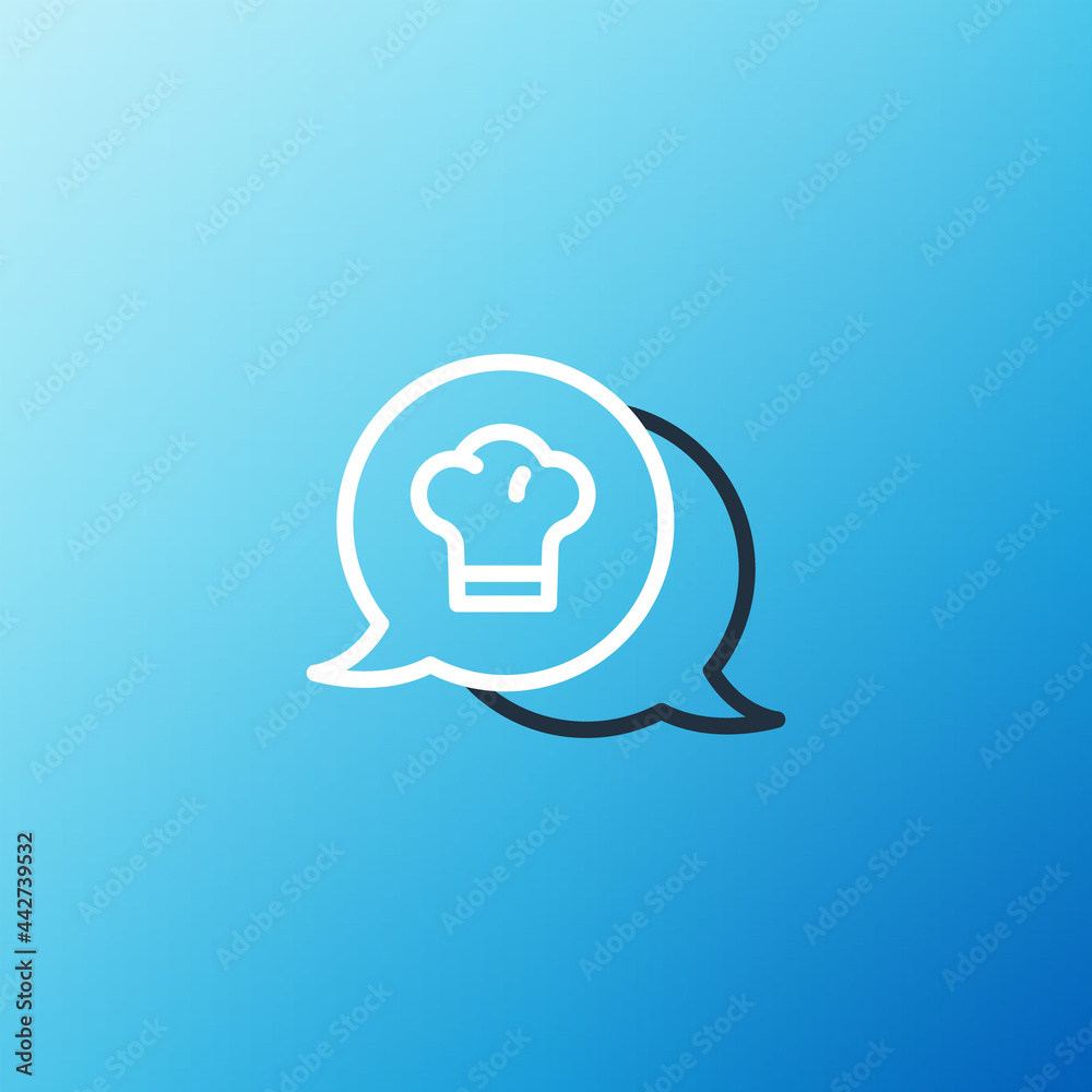 Line Chef hat in speech bubble icon isolated on blue background.烹饪符号。厨师帽。五颜六色