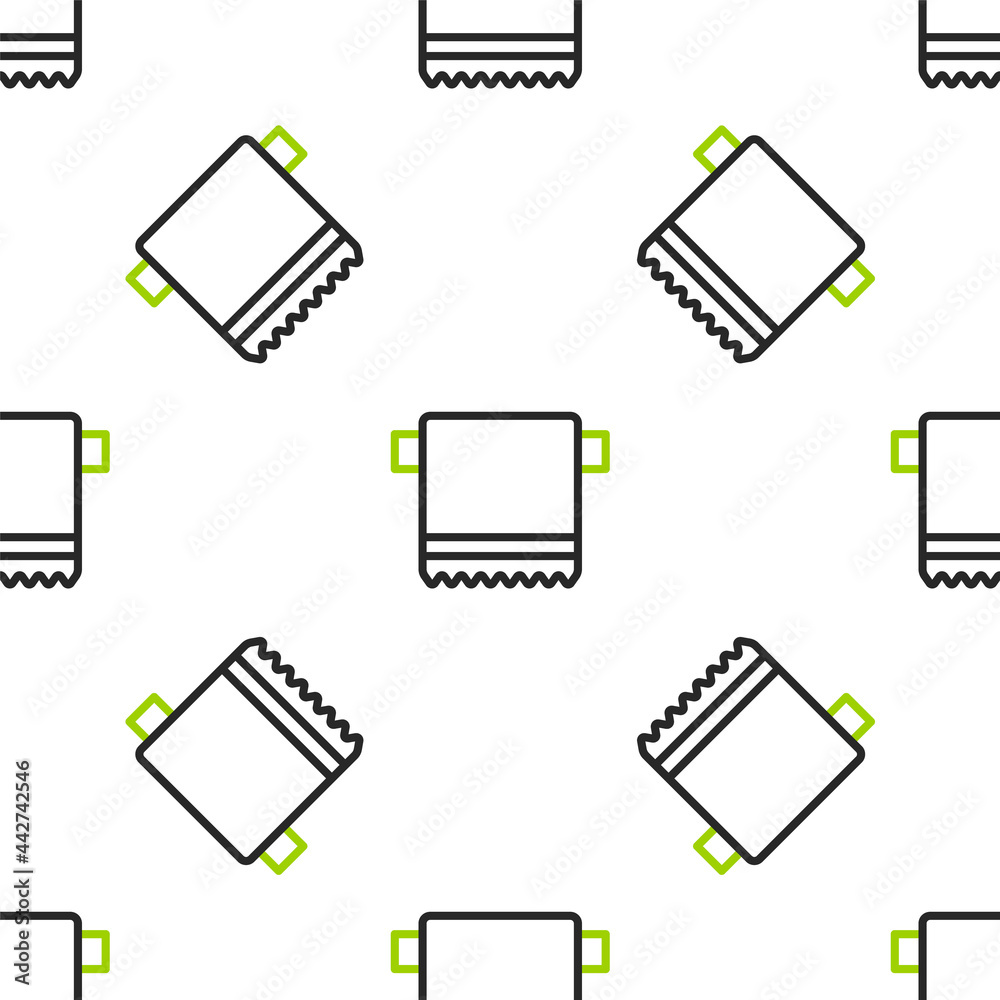 衣架上的线条毛巾图标白色背景上的隔离无缝图案。浴室毛巾图标。矢量