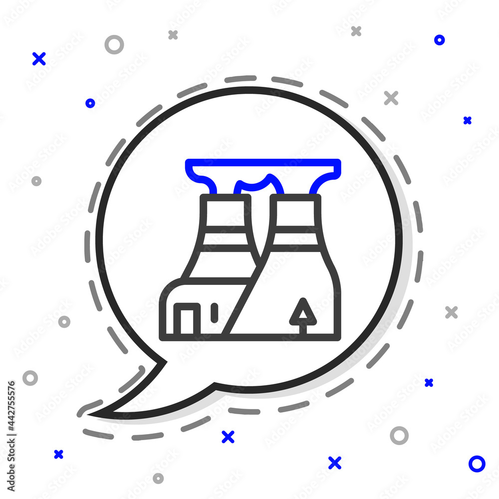 白色背景上隔离的Line核电厂图标。能源工业概念。色彩缤纷的前景