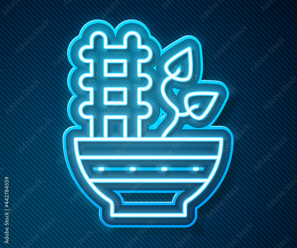 Glowing neon line Plant in pot icon isolated on blue background. Plant growing in a pot. Potted plan