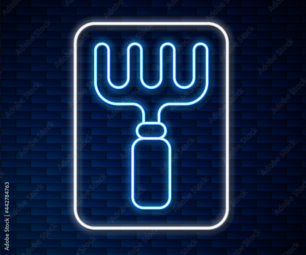 Glowing neon line Garden rake icon isolated on brick wall background. Tool for horticulture, agricul