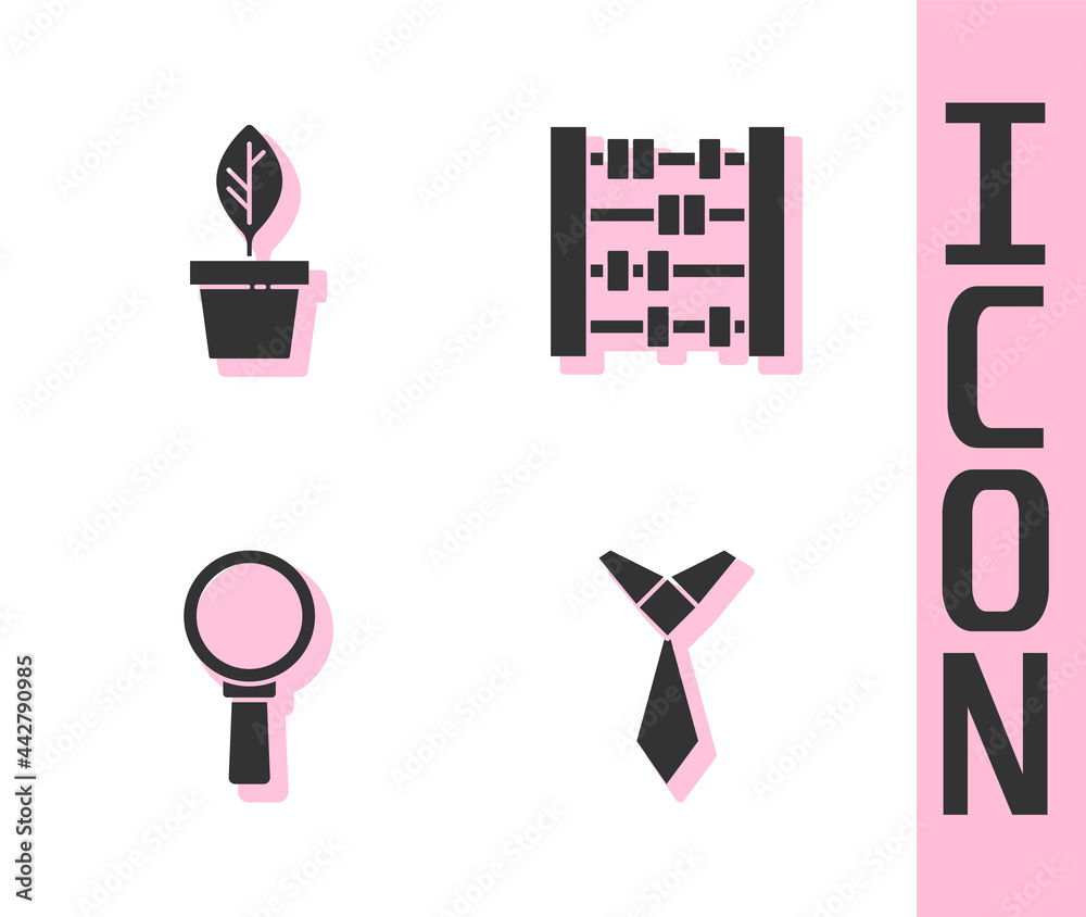 Set Tie, Plant in pot, Magnifying glass and Abacus icon. Vector