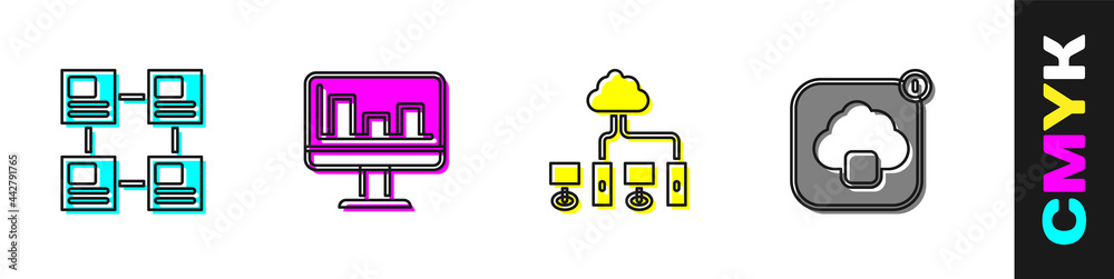 Set Hierarchy organogram chart, Monitor with graph, Computer network and Cloud technology data trans