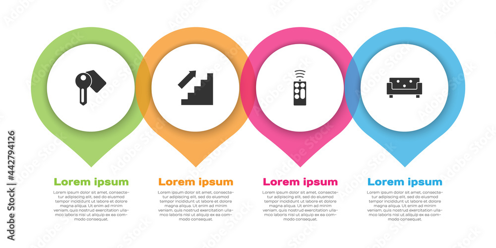 设置酒店门锁钥匙、楼梯、遥控器和沙发。商务信息图模板。Vector