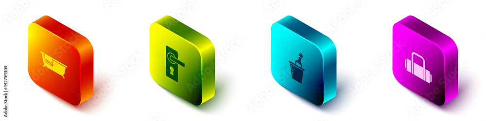 Set Isometric Bathtub, Door handle, Champagne in ice bucket and Suitcase icon. Vector