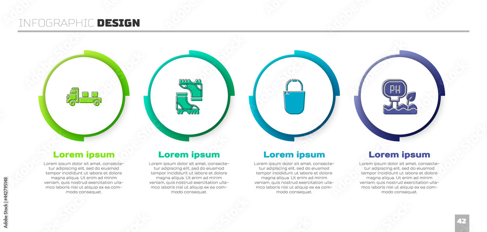 设置皮卡，防水橡胶靴，水桶和土壤ph测试。商业信息图模板。