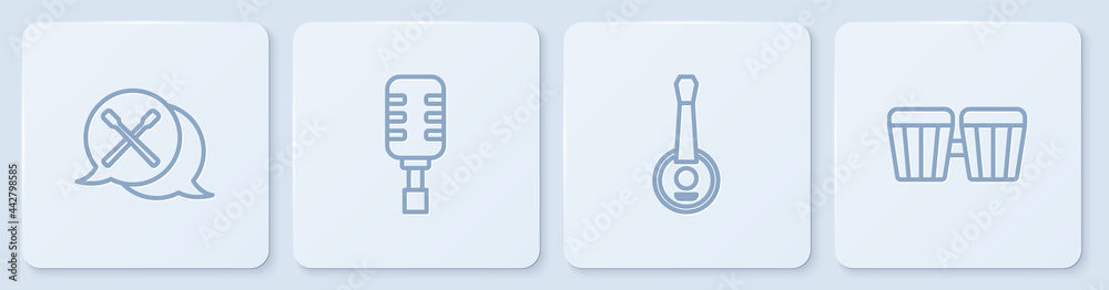 设置线鼓槌、班卓琴、麦克风和白色方形按钮。矢量