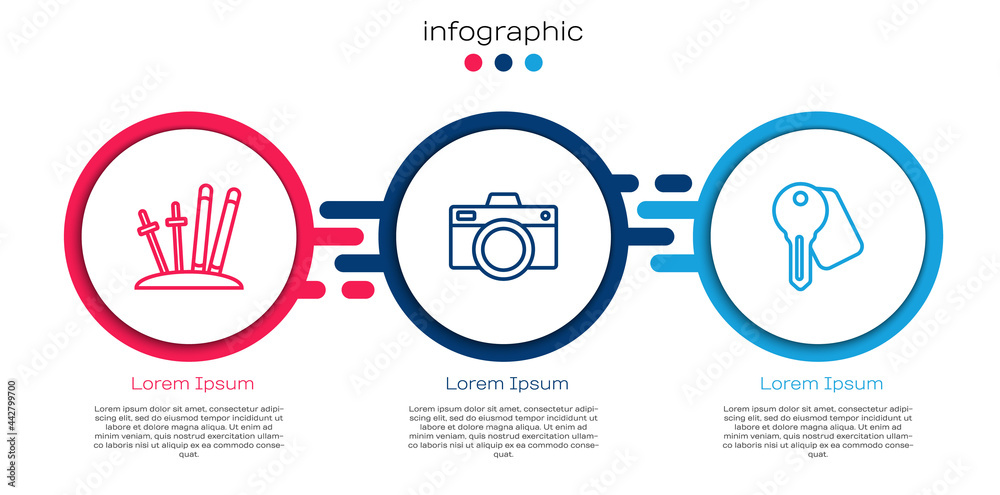 设置滑雪板和手杖、照片相机和酒店门锁钥匙。商业信息图表模板。矢量