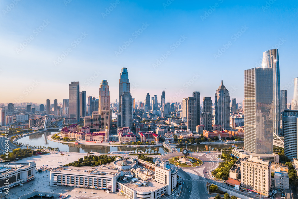 Aerial photography of Tianjin Jinwan Square and Century Clock CBD Skyline, Tianjin, China