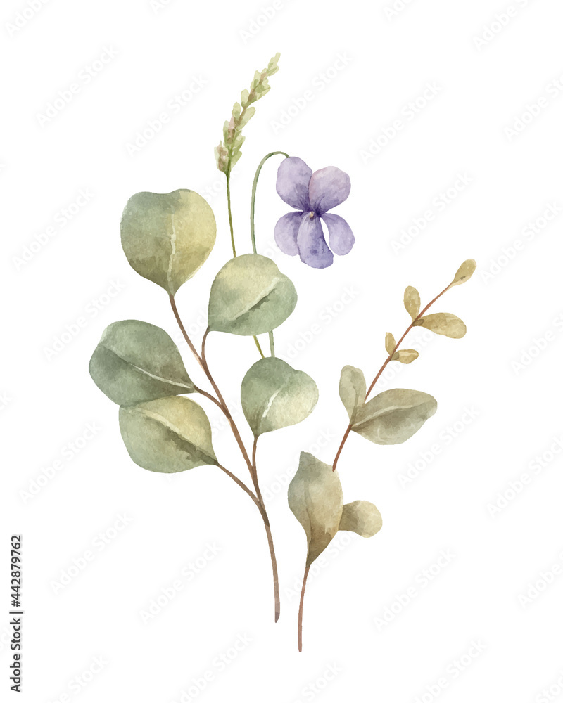 Watercolor vector bouquet of with wildflower flowers and leaves.