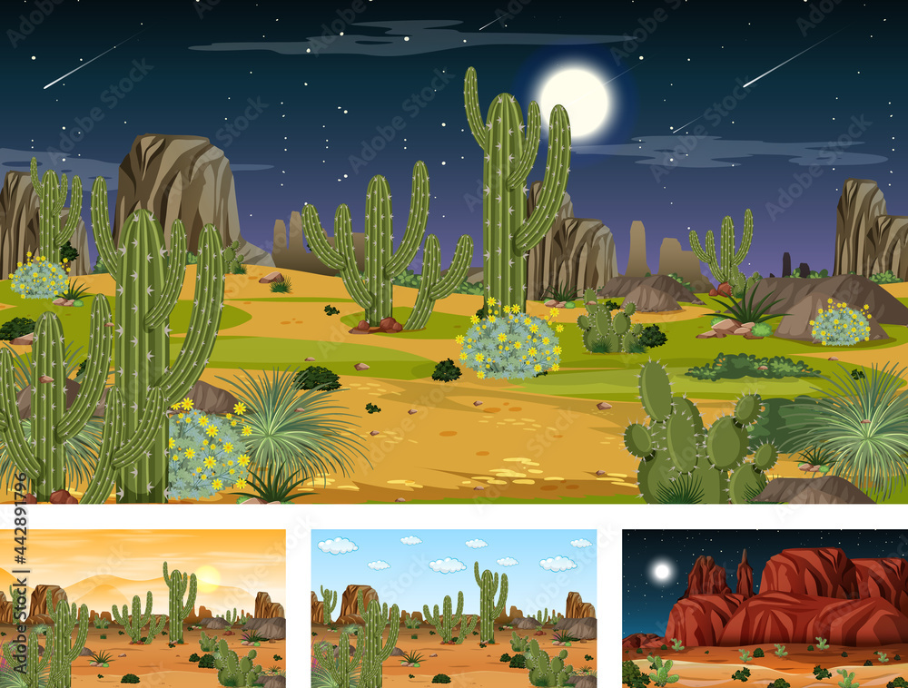 Different desert forest scenes with animals and plants