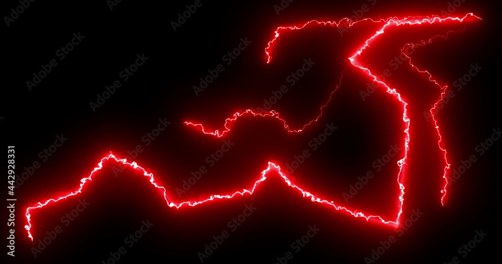 Red lightning bolts of electrical current moving wildly across a black background