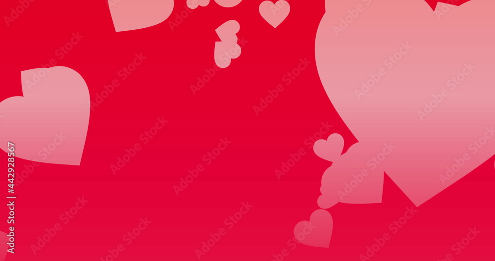 Pink hearts floating upwards on a red background