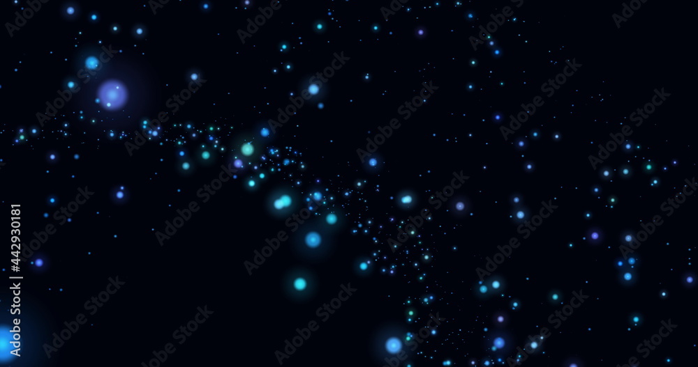 Image of blue glowing spots of light twinkling and moving in hypnotic motion on black background