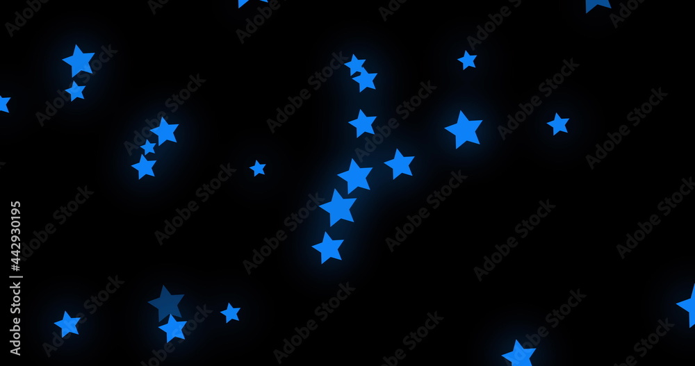 Image of glowing blue stars twinkling and moving in hypnotic motion on black background