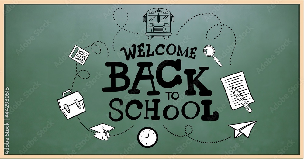 Composition of back to school text and school items over green chalkboard