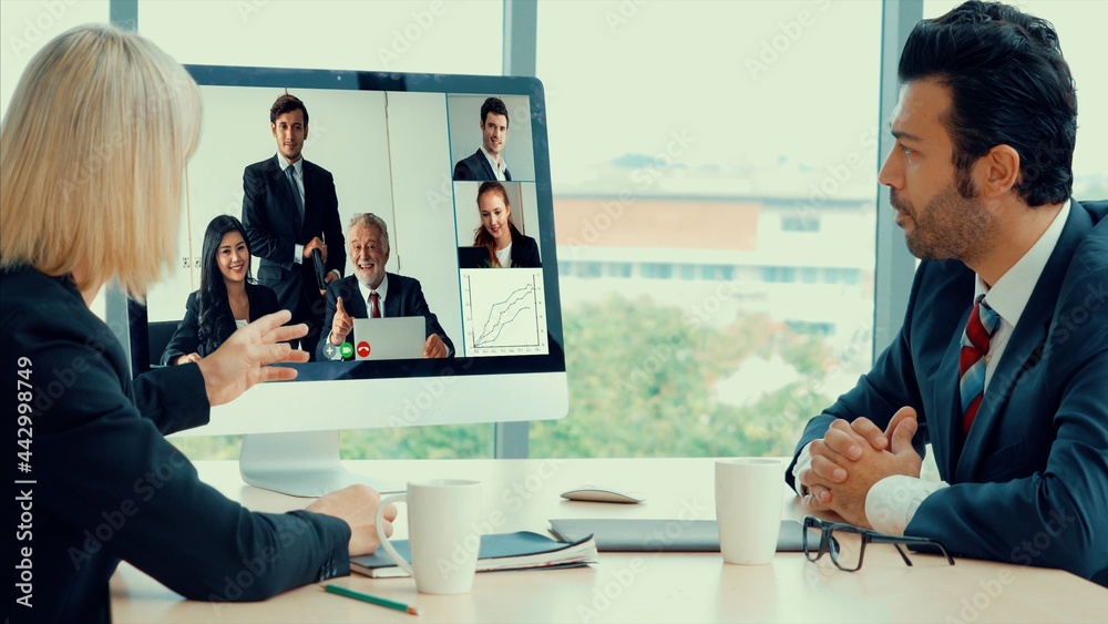 Video call group business people meeting on virtual workplace or remote office. Telework conference 