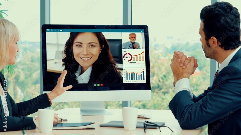 Video call group business people meeting on virtual workplace or remote office. Telework conference 