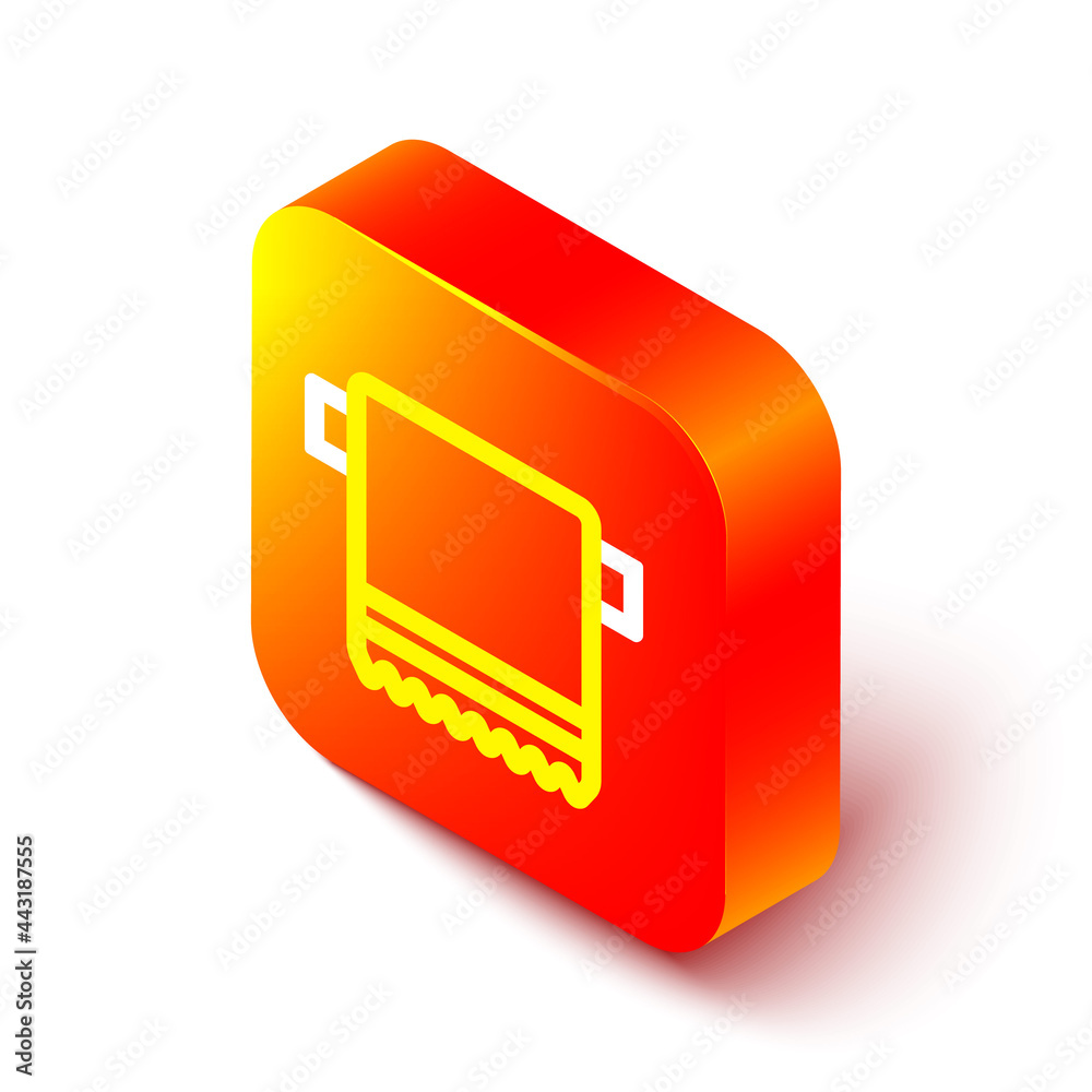 Isometric line Towel on hanger icon isolated on white background. Bathroom towel icon. Orange square