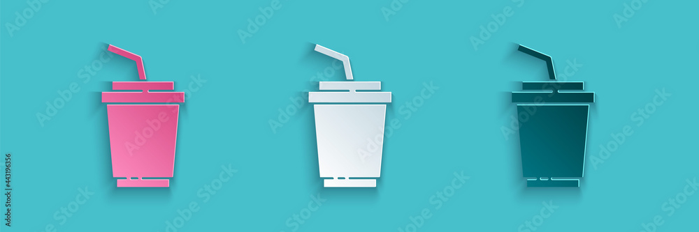 Paper cut Paper glass with drinking straw and water icon isolated on blue background. Soda drink gla