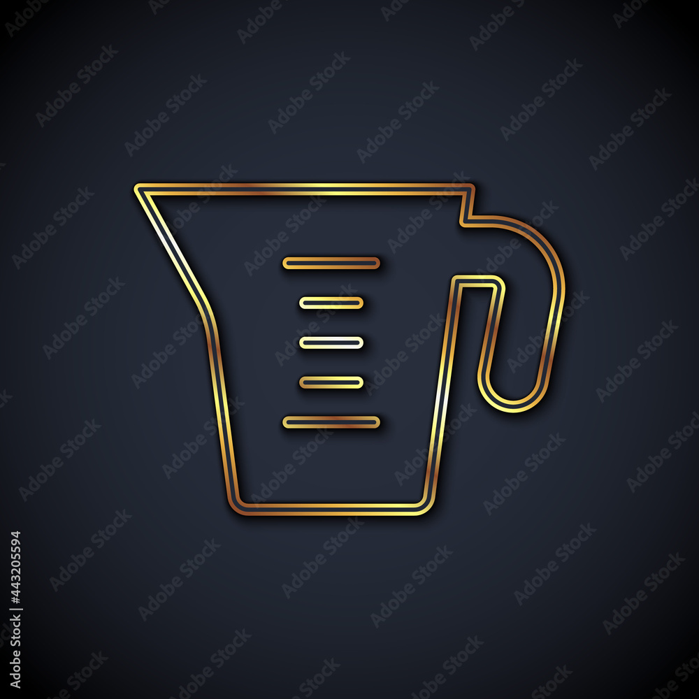 Gold line Measuring cup to measure dry and liquid food icon isolated on black background. Plastic gr