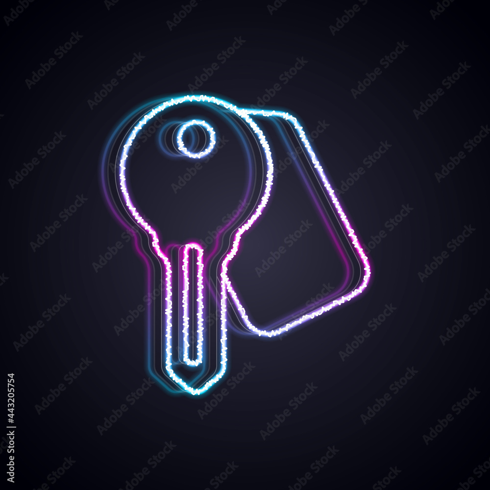 Glowing neon line Hotel door lock key icon isolated on black background. Vector