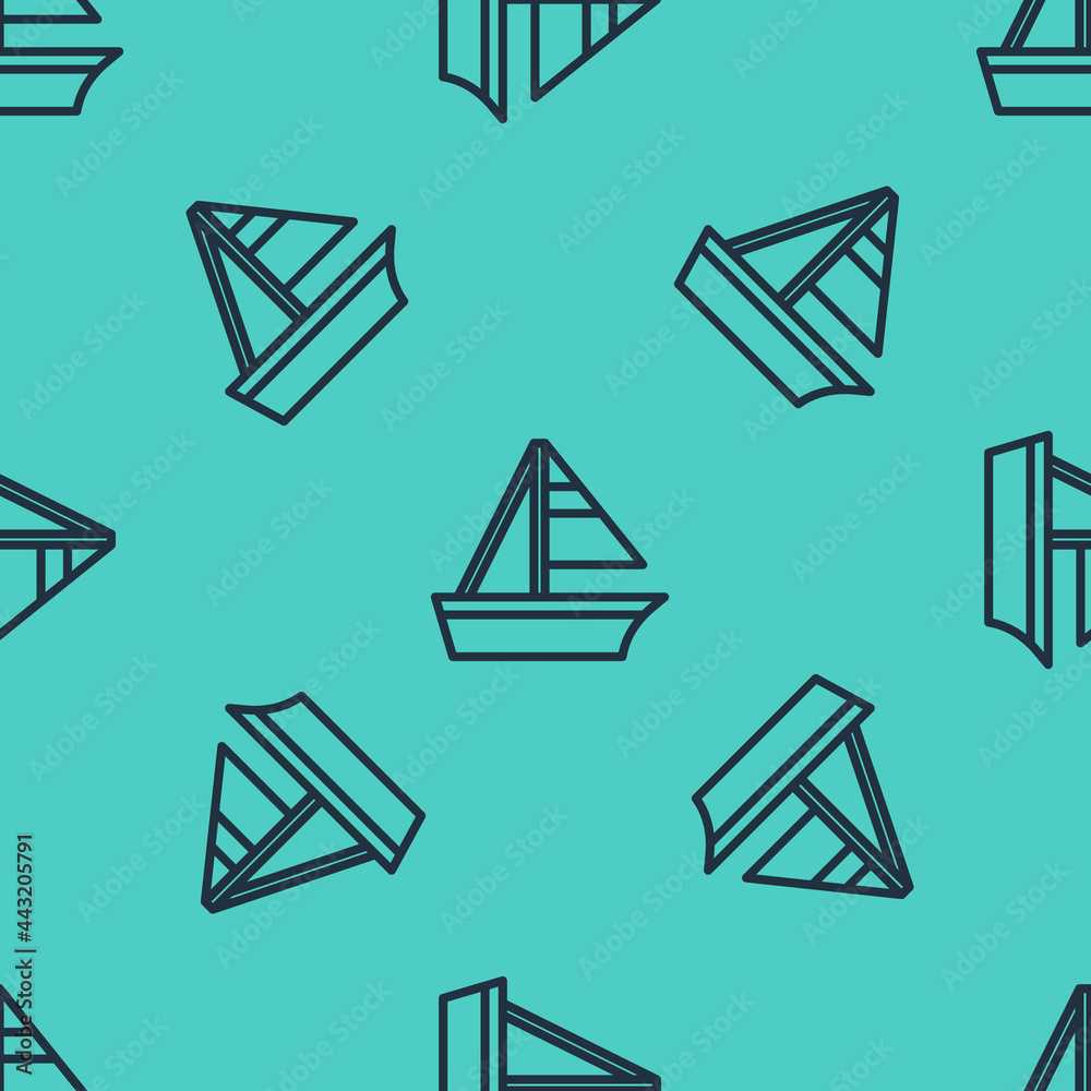 Black line Yacht sailboat or sailing ship icon isolated seamless pattern on green background. Sail b