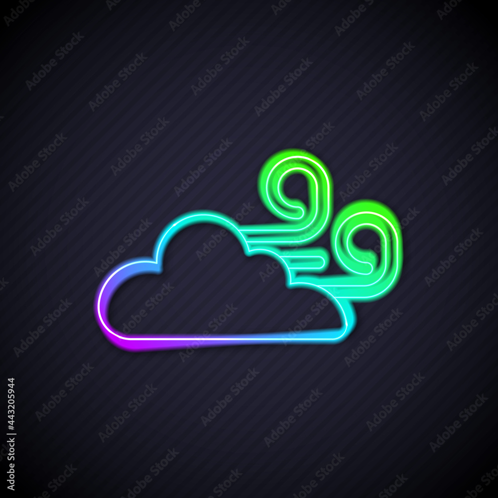 Glowing neon line Windy weather icon isolated on black background. Cloud and wind. Vector