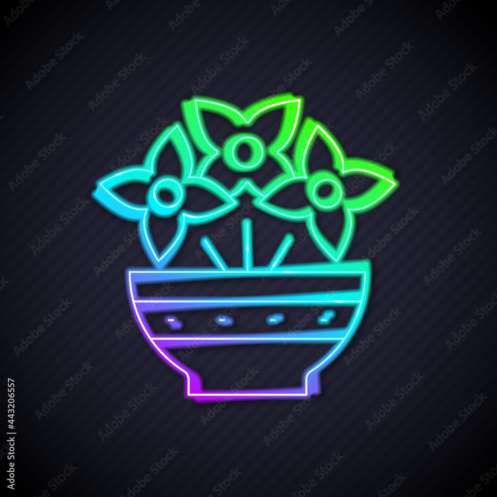 Glowing neon line Flower in vase icon isolated on black background. Vector