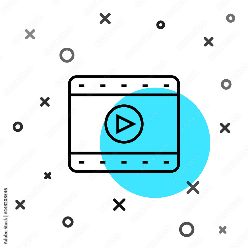 Black line Play Video icon isolated on white background. Film strip sign. Random dynamic shapes. Vec