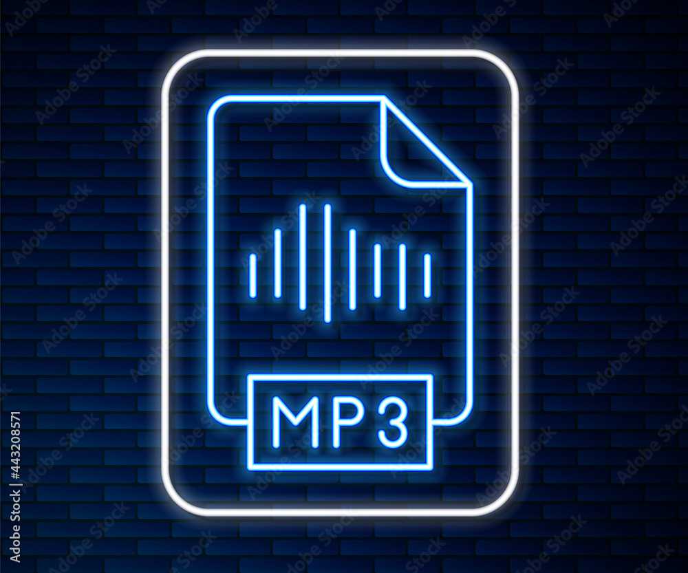 Glowing neon line MP3 file document. Download mp3 button icon isolated on brick wall background. Mp3