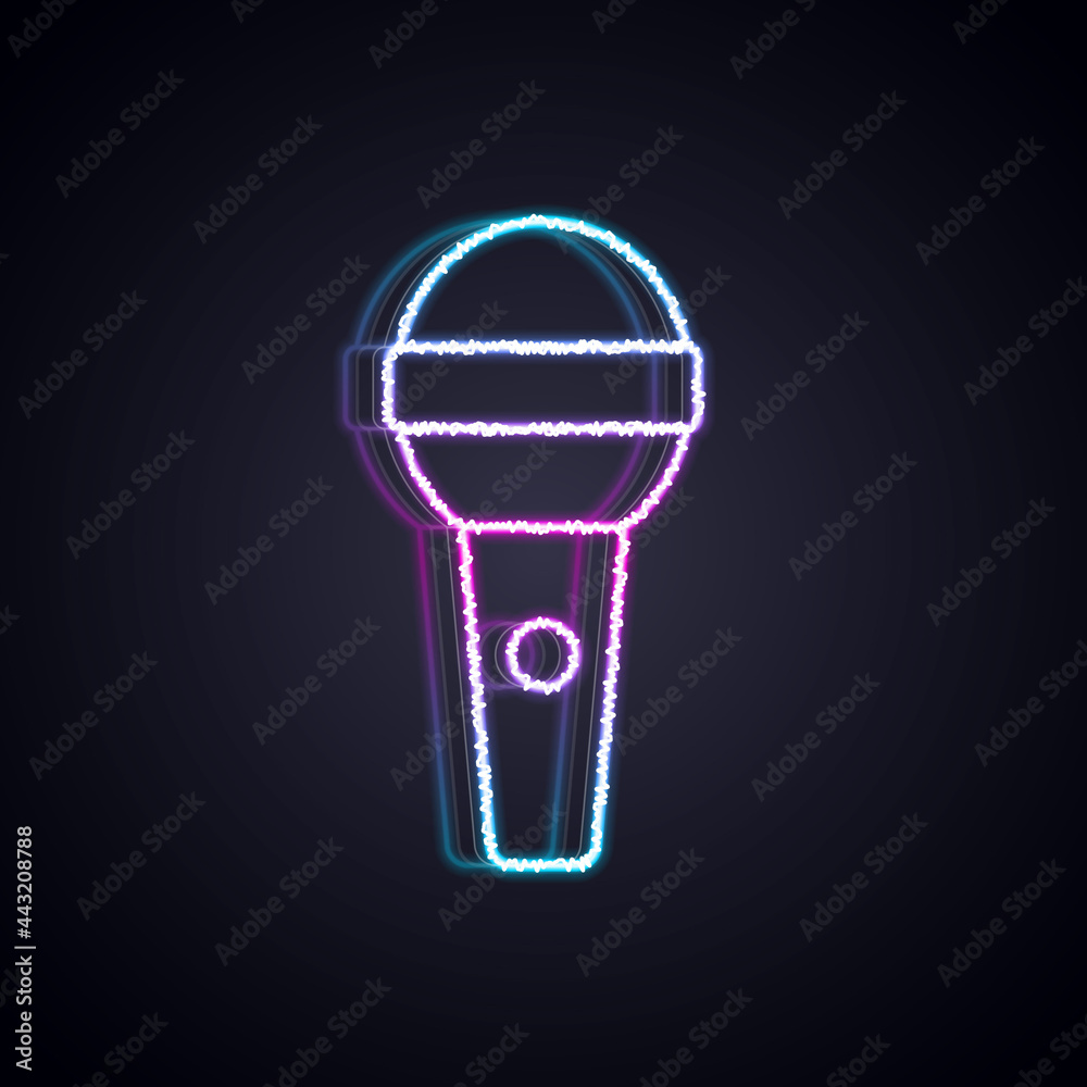 Glowing neon line Microphone icon isolated on black background. On air radio mic microphone. Speaker